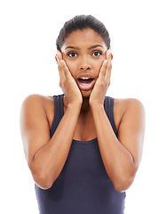 Image showing Portrait, wow and shock with a young woman in studio isolated on a white background for reaction. Face, news and surprise with a young person looking amazed by an announcement or notification