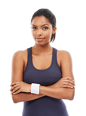 Image showing Portrait, fitness and a sports woman arms crossed in studio on a white background for health or wellness. Exercise, training or workout with a confident young athlete at the gym for improvement