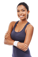 Image showing Woman, confidence and smile in portrait for fitness, studio and happy for health and wellness. Female person, face and positive for workout and training or pride for weight loss by white background