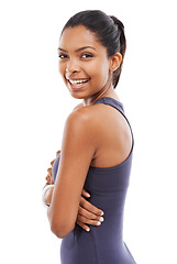 Image showing Woman, confidence and portrait in studio for fitness, smile and happy for health and wellness. Female person, face and positive for workout and training or pride for weight loss by white background