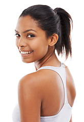 Image showing Woman, portrait and smile in studio for workout wellness, sportswear or training mockup. Female person, face and confident for fitness health or white background for cardio, challenge or progress