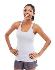 Image showing Woman, portrait and smile in studio for exercise wellness, sportswear or training mockup. Female person, face and confident for fitness health or white background for cardio, challenge or progress