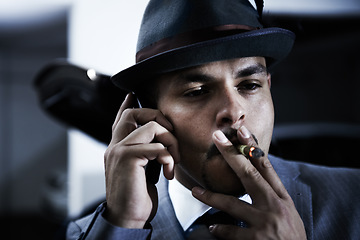 Image showing Gangster, phone call and mafia for danger crime planning ransom, abduction or interrogation terror. Male person, cigar smoking and mobile device for hitman threat conversation, robbery or violence