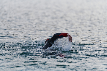 Image showing A professional triathlete trains with unwavering dedication for an upcoming competition at a lake, emanating a sense of athleticism and profound commitment to excellence.