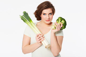 Image showing Woman, health and portrait by vegetables in studio, nutrition and wellness in vegan diet in mock up. Person, face and broccoli by natural food, vitamins and detox in organic salad by white background