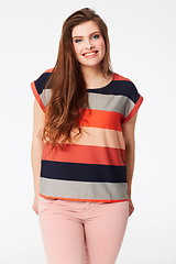 Image showing Happy woman, portrait and beauty in stylish fashion. clothing or makeup cosmetics against a white studio background. Attractive young female person or model smile with stripped t shirt on mockup