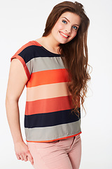 Image showing Happy woman, portrait and fashion with stylish clothing, makeup or beauty cosmetics against a white studio background. Attractive young female person or model smile with stripped t shirt on mockup