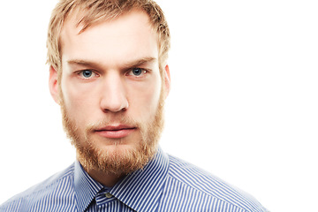 Image showing Serious, white background and portrait of business man for career, professional work and job. Corporate mockup, entrepreneur and face of isolated worker with ambition, confidence and pride in studio