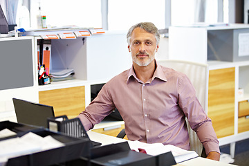 Image showing Business man, portrait and office for planning, company management and career in finance or accounting. Happy face of senior manager, accountant or executive working at his desk in startup workplace