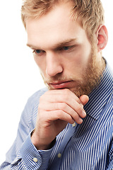 Image showing Business, thinking and man in studio for planning, solution or brainstorming ideas on white background. Why, face or male entrepreneur with questions, memory or reflection, problem solving or gesture