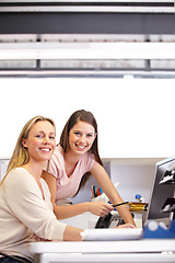 Image showing Professional women, computer and teamwork portrait in office for human resources management, planning or schedule. Business people or manager in workspace on desktop for feedback, helping or advice