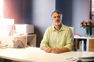 Image showing Serious man, ceo and management in a office with employee and business consultant in a workplace. Desk, working and male professional at a company with staff and entrepreneur with startup of boss