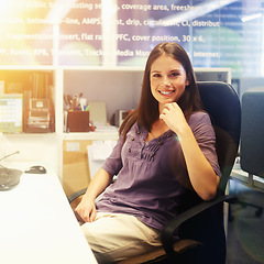 Image showing Happy woman, worker and lens flare in a office with employee and business consultant in a workplace. Desk, working and female professional at a company with staff and entrepreneur with smile at job