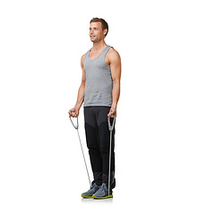 Image showing Health, man and resistance band to workout in studio, gym and weight training for strong muscles. Sports person, exercise or commitment in stretching equipment in mockup or cardio on white background