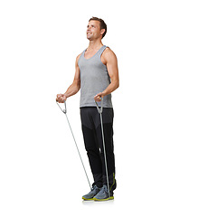 Image showing Fitness, man and resistance band to workout in studio, gym and weight training for strong muscles. Sports person, exercise and commitment with stretching in mockup and wellness on white background