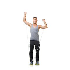 Image showing Training, man and resistance band in health in studio, gym and bicep exercise by strong muscles or body. Sports person, workout and commitment with stretching in mockup and athlete white background