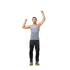 Image showing Exercise, strong and man by resistance band in studio, gym and bicep arm training for workout. Person, fitness and muscle growth with equipment in mockup, health and athlete on white background