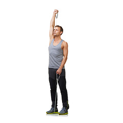 Image showing Fitness, strong and man by resistance band in studio, gym and bicep arm training for workout. Person, exercise and muscle growth with sportswear in mockup, health and stretching on white background