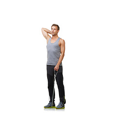 Image showing Fitness, thinking and man by resistance band in studio, gym and bicep arm training for workout. Person, exercise and muscle growth with gym equipment in mockup, health and athlete on white background