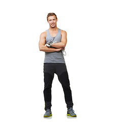 Image showing Portrait, confident and man with resistance band in studio, gym and training mockup for workout. Person, exercise and face with muscle growth for strong body, health and cardio on white background