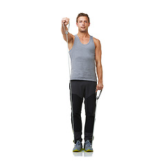 Image showing Strong, man and portrait by resistance band in studio, gym and fitness exercise for bicep training. Person, face and workout for commitment by gym equipment, mockup and cardio by white background