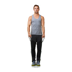 Image showing Portrait, man or resistance band in training in studio, gym or pride for strong muscles or biceps. Face, person or exercise for commitment with sports equipment, mockup or health on white background