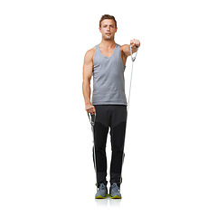 Image showing Portrait, man and resistance band to workout in studio, gym and training for strong muscles or biceps. Sports person, face and exercise in commitment with mockup and cardio on white background