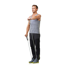 Image showing Training, man and resistance band for health in studio, gym and biceps workout for strong muscles. Sport, person and exercise for commitment with equipment, mockup and athlete by white background