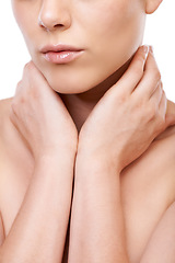 Image showing Woman, hands and skincare for cosmetics, beauty or makeup isolated against a white studio background. Closeup of female person, shoulder or skin in care for dermatology, hygiene or spa treatment