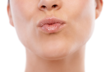 Image showing Woman, lips and pout in skincare for cosmetics, beauty or makeup against a white studio background. Closeup of female person or model mouth gloss in care for dermatology, hygiene or spa treatment