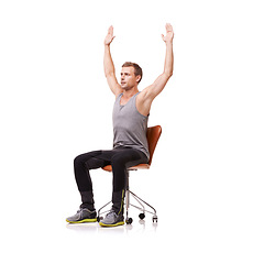 Image showing Posture, exercise and man on chair stretching for health and fitness in white background or studio. Sitting, workout and person training arms with seat for pilates, core practice and wellness