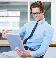 Image showing Happy business man, reading tablet and planning in office for investment, data analysis or software management. Professional person or analyst in glasses and vision for online report on digital tech