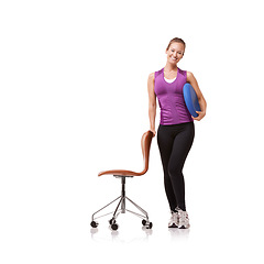 Image showing Portrait, chair and woman exercise for posture with pillow in white background or studio. Fitness, person and smile with cushion for seat and ready to workout with pilates for health and wellness