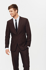 Image showing Fashion, suit and business man in studio with classic style, elegance or confidence on white background. Stylish, clothes or fashionable male entrepreneur with cool outfit choice or gentleman apparel