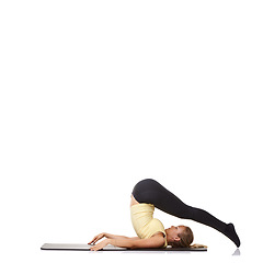 Image showing Woman, pilates and mat in studio for stretching, fitness or workout for healthy body, wellness or core muscle. Person, exercise or yoga on floor for abdomen health on mockup space or white background