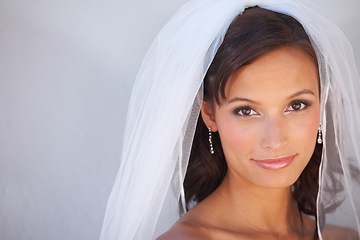 Image showing Bride, portrait and glow beauty for wedding with fashion, cosmetic and jewellery for nuptial ceremony. Woman, face and make up for holy matrimony or engagement, commitment and happy with white veil