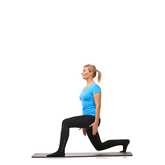 Image showing Workout, health and lunge with woman in studio for gym, exercise or wellness. Training, fitness and self care with female person on floor of white background for pilates, body and mockup space