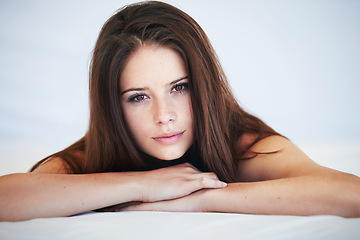 Image showing Makeup, beauty and portrait of young woman with face, cosmetic and natural routine. Glow, glamour and headshot of beautiful person from Canada with positive, good and confident attitude in bedroom.