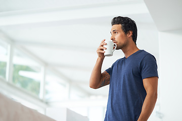 Image showing Man, thinking and coffee drink for breakfast wellness, vacation latte or weekend relax. Male person, cup and caffeine cappuccino in morning or mug for happiness in apartment espresso, peace or calm
