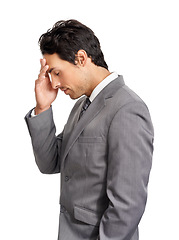 Image showing Business man, pain and headache in studio for burnout, stress and risk of bankruptcy on white background. Profile, tired and frustrated worker with vertigo, corporate crisis and challenge of mistake