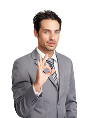 Image showing Ok, hands and portrait of business man in studio for vote, review and yes feedback on white background. Corporate worker show okay for success, agreement icon and sign of support, emoji or excellence