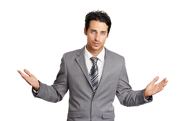 Image showing Confused, portrait and business man with why hands in studio for solution on white background. Questions, face and male entrepreneur with ask emoji, gesture or body language for palm scale balance