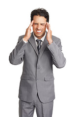 Image showing Stress, headache and business man in studio for mistake, disaster or crisis on white background. Anxiety, face or guy entrepreneur with temple massage for vertigo, tension or overwhelmed by brain fog