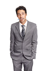 Image showing Portrait, business and suit with a young man, hands in pockets, in studio isolated on a white background. Corporate, professional or formal and a model employee at a company with a pen in his mouth