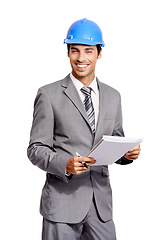 Image showing Construction, man and portrait with documents in studio for project management, planning information and engineering on white background. Happy contractor, inspector and paperwork for architecture