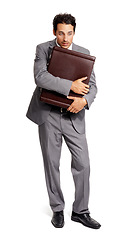 Image showing Business, briefcase and man with stress for unemployment, job protection or security and work in recession. Businessman, bag and worry in white background of studio with anxiety for corporate economy