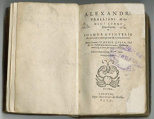 Image showing Old book, paper and chapter on page with drawing of antique or vintage symbol with knowledge in latin. Archive, picture and script on parchment with notes, information and study of language