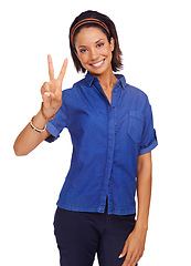 Image showing Smile, peace sign or portrait of black woman in studio isolated on white background with vote or icon. Support, model or happy African female person with v symbol, hope or hand gesture for wellness