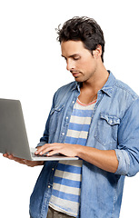 Image showing Man, laptop and typing an email, studio and networking with internet connection by white background. Male person, technology and website for planning, online research and copywriting or freelancer