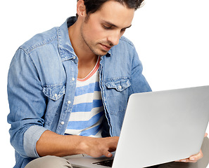 Image showing Man, internet and connection on laptop, typing and networking by white background. Male person, subscription and website in studio, online research and shopping or technology for planning or blog